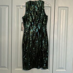 Tahari Arthur S Levine hunter green stretch velvet sequin sheath dress NWT